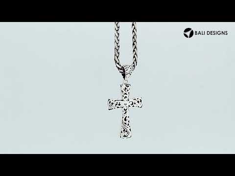 Sterling silver engraved cross pendant with Balinese detailing in polished finish.