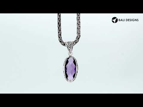 Sterling Silver oval-shaped Amethyst Quartz pendant with floral and scroll detailing