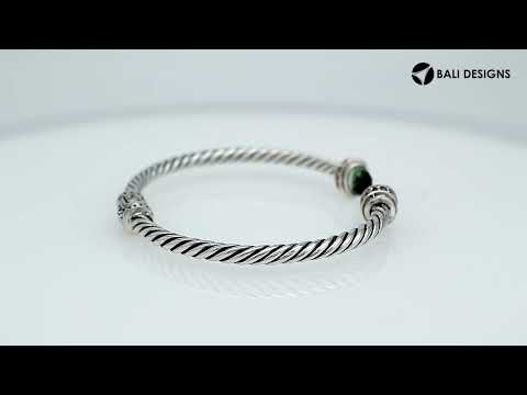 Sterling silver wholesale bangle with twisted rope design, Green Amethyst Quartz and Cubic Zirconia accents, handcrafted Balinese motifs.
