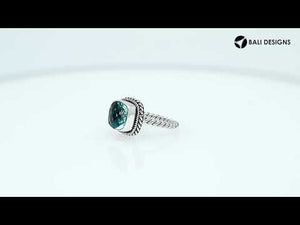 Sterling Silver Rope Band Ring With Blue Topaz Quartz Cushion Center