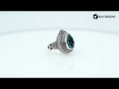 Sterling Silver Blue Topaz Quartz Pear Shape Ring With Balinese Engraved Band