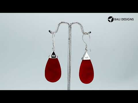 Red Coral teardrop silver earrings with swirl detailing