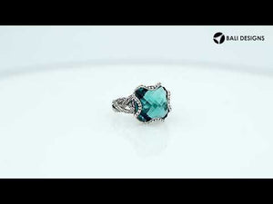 Sterling Silver London Blue Topaz Quartz ring with cushion cut and Balinese detailing
