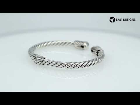 "Wholesale sterling silver cuff Bangle with teardrop Amethyst Quartz and Balinese rope design, handcrafted in Bali"