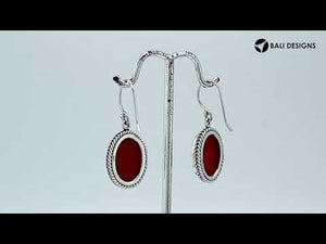 Wholesale Sterling Silver Oval Earrings With Red Coral And Rope Border