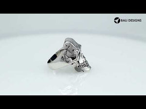 Sterling Silver Cracked Skull Ring With Oxidized Engraving And Polished Finish