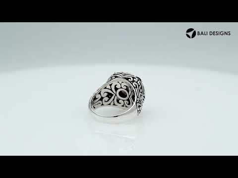 Sterling silver wholesale ring with smoky quartz center and smoky quartzsmoky quartz accents, handcrafted with ornate Balinese scrollwork design.