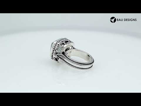 Wholesale sterling silver ring with faceted square Mystic Topaz Quartz, Balinese beaded border and scrollwork design – bulk handcrafted statement jewelry.