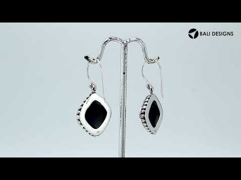 Wholesale Sterling Silver Black Shell cushion earrings with beaded frame design and earwire lock handcrafted in Bali.