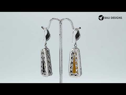 Sterling silver Citrine Quartz long floral drop earrings with oxidized finish and earwire lock.