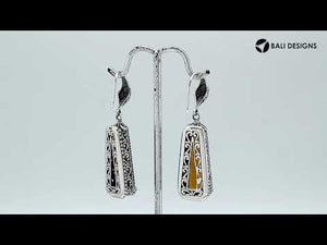 Sterling silver Citrine Quartz long floral drop earrings with oxidized finish and earwire lock.
