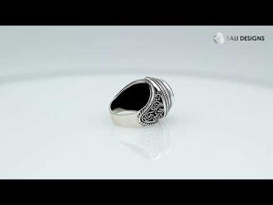 Sterling silver handcrafted Bali ring with round Green Quartz and rope scroll detailing.