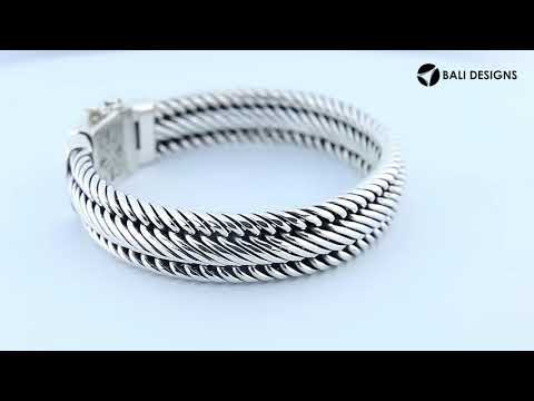 925 sterling silver 4x13 mm twisted Bali bracelet with oxidized rope design and engraved clasp.