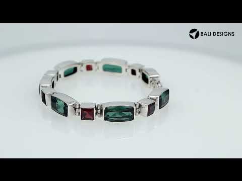 Sterling Silver Bali Handcrafted Green Quartz And Garnet Quartz Link Bracelet With Decorative Finish.
