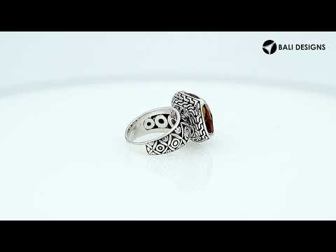 Wholesale sterling silver ring with cushion-cut Citrine Quartz and Balinese carvings, handcrafted in Bali.