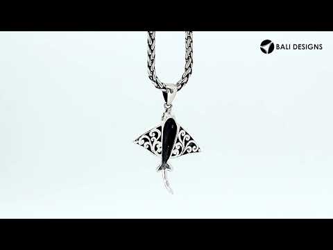 Sterling silver Mantaray pendant with black shell inlay, handcrafted Balinese nautical jewelry.