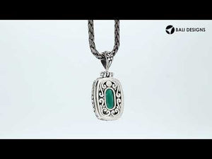 Green Quartz rectangular pendant in sterling silver with Balinese scrollwork, wholesale handcrafted jewelry from Bali.
