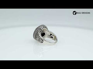 Sterling silver Rainbow Moonstone ring with beaded halo and Balinese carvings handcrafted in Bali.