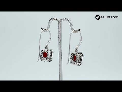 Sterling Silver Round Garnet Quartz Earrings With Sculpted Scroll Prongs Handcrafted In Bali