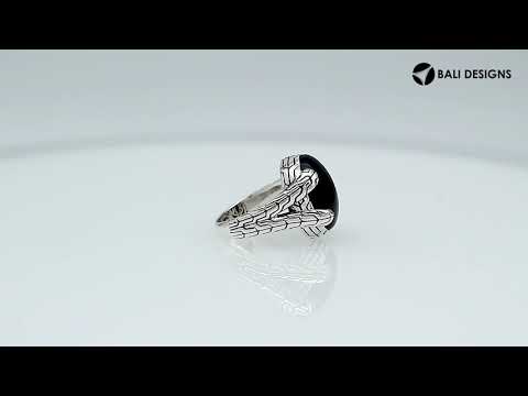 Wholesale Sterling Silver oval Black Onyx cabochon ring with Balinese engraved band design
