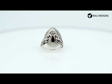 Sterling Silver Labradorite Pear Shape Ring With Balinese Engraved Band