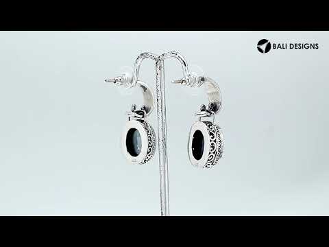 Sterling Silver Oval Hoop Earrings With Mystic Quartz And Scrollwork Detailing.