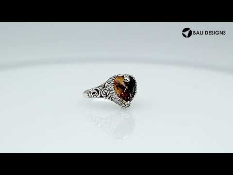 Handcrafted Citrine Quartz heart-cut sterling silver ring with ornate Balinese detailing