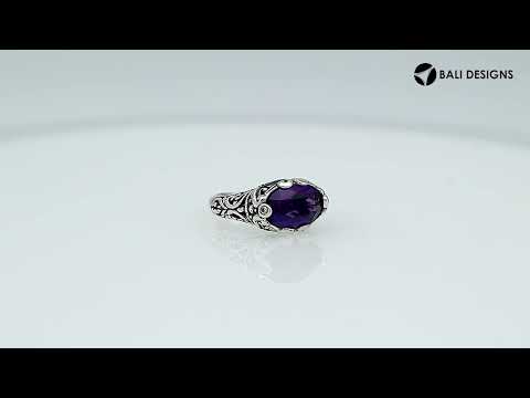 Sterling Silver oval shape Amethyst Quartz ring with handcrafted Balinese scroll detailing