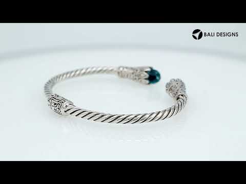 Sterling silver handcrafted bangle with Blue Topaz Quartz, twisted rope Balinese design.