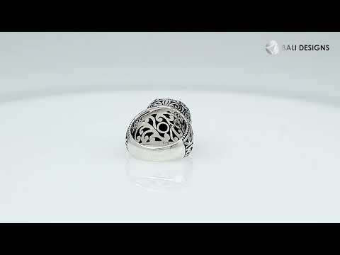 Sterling Silver Round Shape Blue Sapphire Quartz Ring With Detailed Balinese Carving