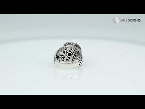Sterling Silver Round Shape Blue Sapphire Quartz Ring With Detailed Balinese Carving