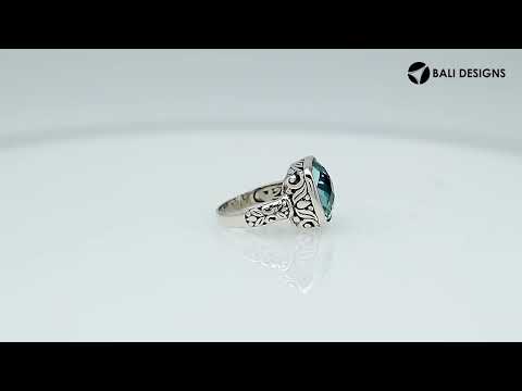 Sterling Silver Balinese Square-Cut Blue Topaz Quartz Ring With Engraved Band