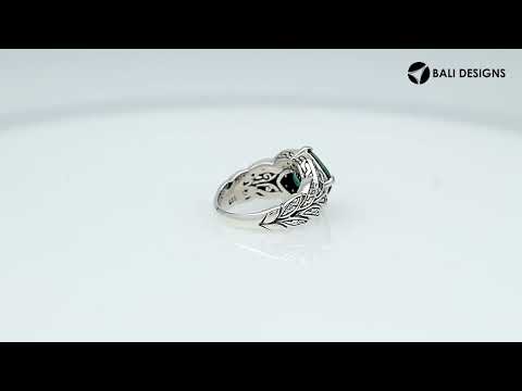 Sterling Silver Ornate Ring With Green Quartz And Cubic Zirconia In Balinese Carving Design