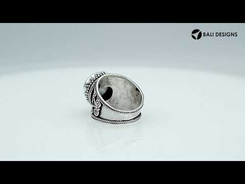 Sterling Silver Mystic Quartz Round Designer Ring With Ornate Band, Mirror Polished Oxidized Finish