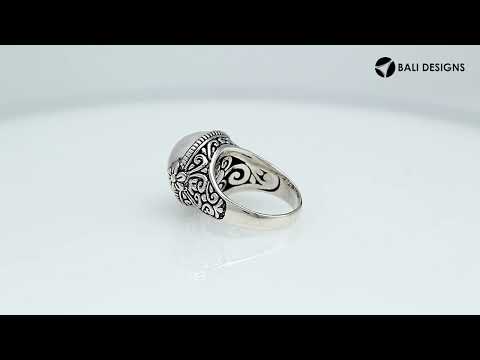 Wholesale sterling silver ring with round polished Pearl, Balinese Floral and scroll design – bulk handcrafted statement jewelry.