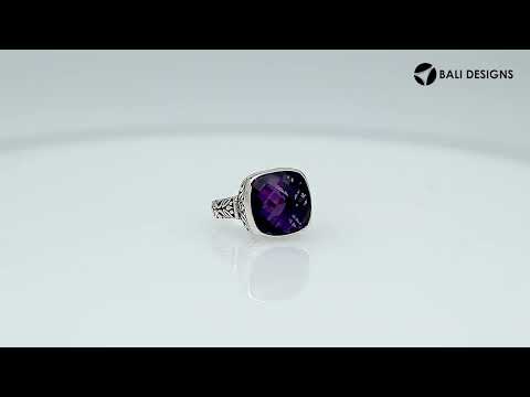 Sterling Silver Balinese Square-Cut Amethyst Quartz Ring With Engraved Band