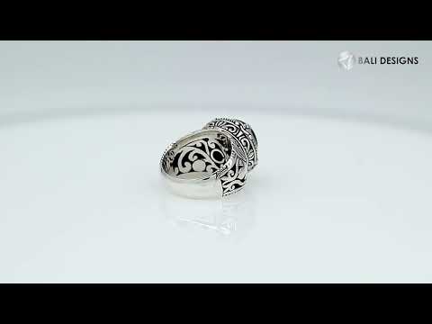 Sterling Silver Round Shape Rainbow Moonstone Ring With Detailed Balinese Carving