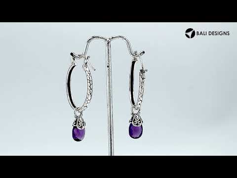 Wholesale Sterling Silver Hoop Earrings With Amethyst Quartz Teardrop Dangle And Balinese Detailing