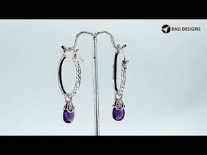 Wholesale Sterling Silver Hoop Earrings With Amethyst Quartz Teardrop Dangle And Balinese Detailing