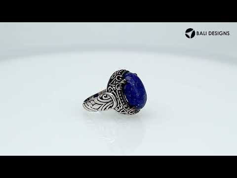 Sterling Silver Oval Shape Lapis Lazuli Ring With Balinese Engraved Band