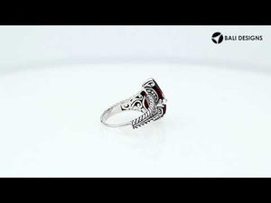 Sterling Silver Garnet Quartz Teardrop Royal Heritage Ring With Balinese Engraving.