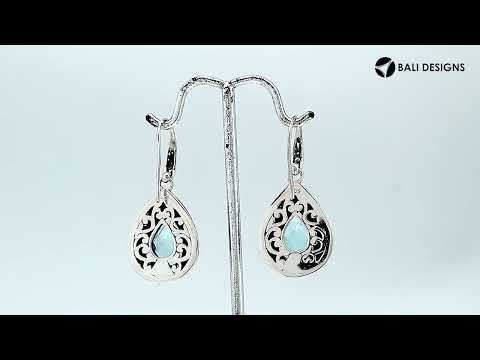 Wholesale sterling silver Sapphire teardrop earwire earrings featuring intricately carved silver borders, decorative bead accents, antique-polished finish, and handcrafted detailing designed for premium boutique and wholesale jewelry collections.