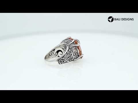 Sterling Silver Cushion Morganite Quartz Ring With Balinese Scroll Engraving