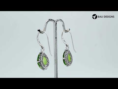 Wholesale Sterling Silver Peridot Quartz Teardrop Earrings With Detailed Balinese-Style Metalwork.