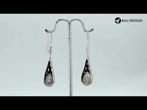 Sterling silver long teardrop earrings with Black Shell and Balinese scrollwork design.