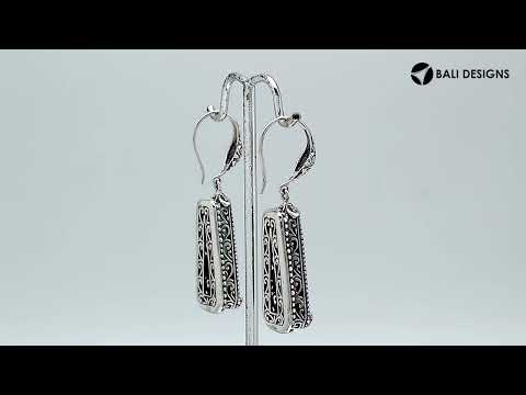 Sterling silver Green Quartz long floral drop earrings with oxidized finish and earwire lock.