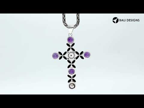 Wholesale sterling silver cross pendant with Amethyst Quartz and Pearl gemstones, handcrafted Bali floral design 925 silver jewelry for bulk orders