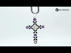 Wholesale sterling silver cross pendant with Amethyst Quartz and Pearl gemstones, handcrafted Bali floral design 925 silver jewelry for bulk orders