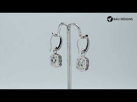 Wholesale sterling silver cushion Blue Topaz Quartz hook earrings with ornate silver detailing