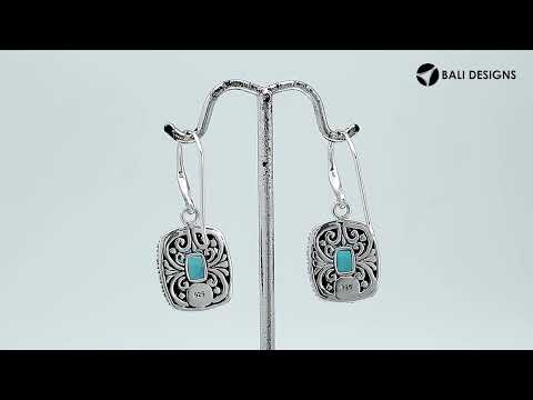 Sterling Silver Cushion London Blue Topaz Quartz Earrings With Ornate Scroll Frame Handcrafted In Bali